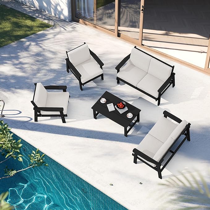 SERWALL HDPE Patio Furniture Set, 5 Piece All Weather Wood-Like Sectional Outdoor Furniture Set, Black Patio Sofa Couch with Khaki Cushions for Deck, Lawn