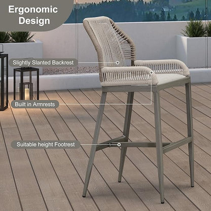 PURPLE LEAF 2 Pieces Bar Stools Patio Modern Rattan Barstools Aluminum Woven Tall Bar Chairs with Cushions for Outdoor Kitchen Island Garden