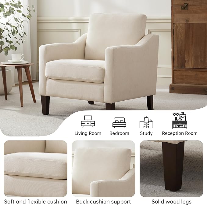 VKNOW Mid Century Modern Accent Chair, Upholstered Living Room Chairs Armchair for Bedroom, Comfy Reading Accent Chairs with Wood Legs for Living Room, Beige