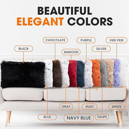Cheer Collection Throw Pillows for Couch and Bed, Soft Shaggy Throw Pillows with Inserts Included, Cozy Long Hair Faux Fur Pillows - Set of 2-12" x 20" - Navy Blue