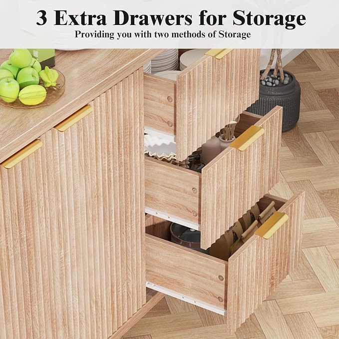 Fluted Sideboard Buffet Cabinet, 46.5" Modern Storage Cabinet with 2 Doors & 3 Drawers, Sideboard Console Table for Entryway,Living Room,Kitchen,Dinning Room-Natural Oak