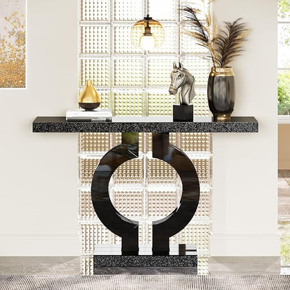 Tribesigns Modern Mirrored Console Table, Glass Sofa Table with Mirror Finish, 43-Inch Entryway Table with O-Shaped Base, Rectangular Accent Foyer Table for Living Room Hallway Entrance (Black)