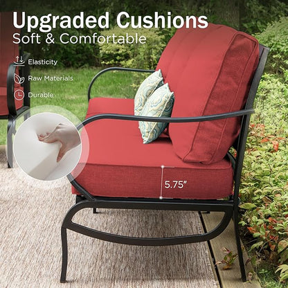 PHI VILLA Patio Furniture with 1 x 45 Metal FirePit Table, 1 x 3-Seat Wide Deep Seating Bench, 2 x Swivel Sofa Chairs & 2 Ottomans, 5.75" Thick Cushioned Outdoor Conversation Set for 5,Red