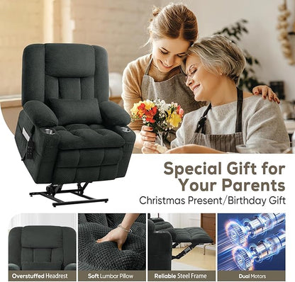 ABCASA Oversized Dual Motor Lay Flat Power Lift Massage Recliner Chair Set of 2 for Elderly with Heat for Living Room, Lift Chairs Recliner with Lumbar Pillow, Cup Holder - Grey