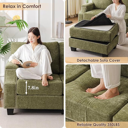 85'' L Shaped Couch with Armrest Organizer,3 Seats Sofas with Storage Ottoman,Comfy Sectional Sofa with Thick Cushion,Chenille Sectional Couches for Living Room,Bedroom,Apartment,Green