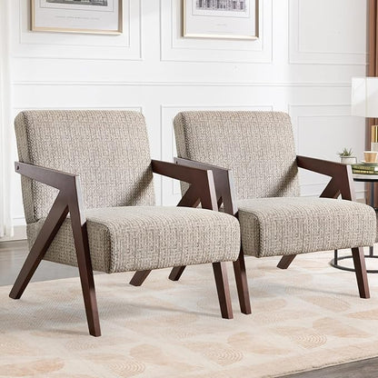 Bonzy Home Mid-Century Modern Accent Chair Set of 2 with Wood Frame, Upholstered Armchair for Bedroom & Living Room, Linen Fabric Cushion, Z-Shaped Armrest Design, Sturdy Lounge Chair,Brown