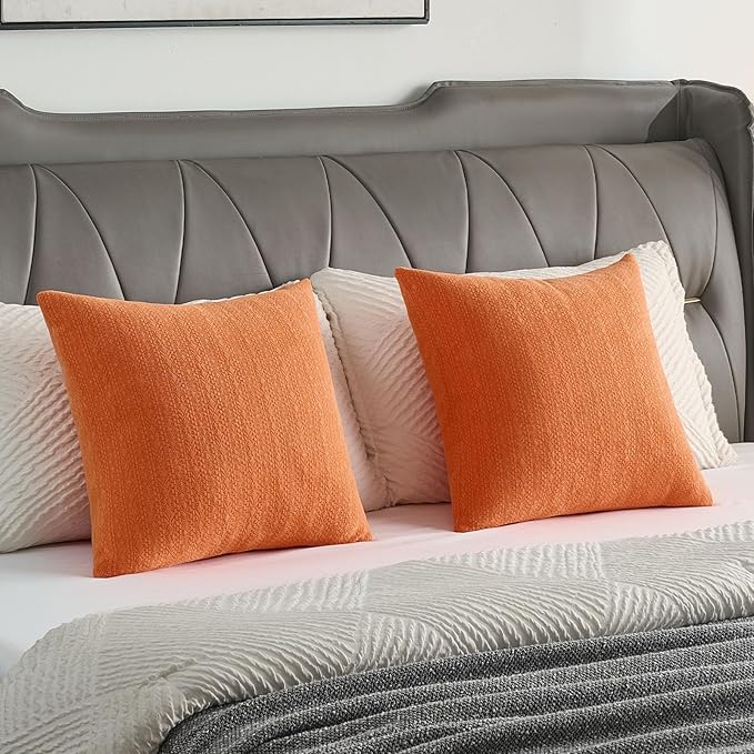 FUTEI Orange Chenille Throw Pillow Covers 18x18 Inch Set of 2,Soft Striped & Diamond Textured Cushion Cases,Modern Home Decor for Couch Living Room