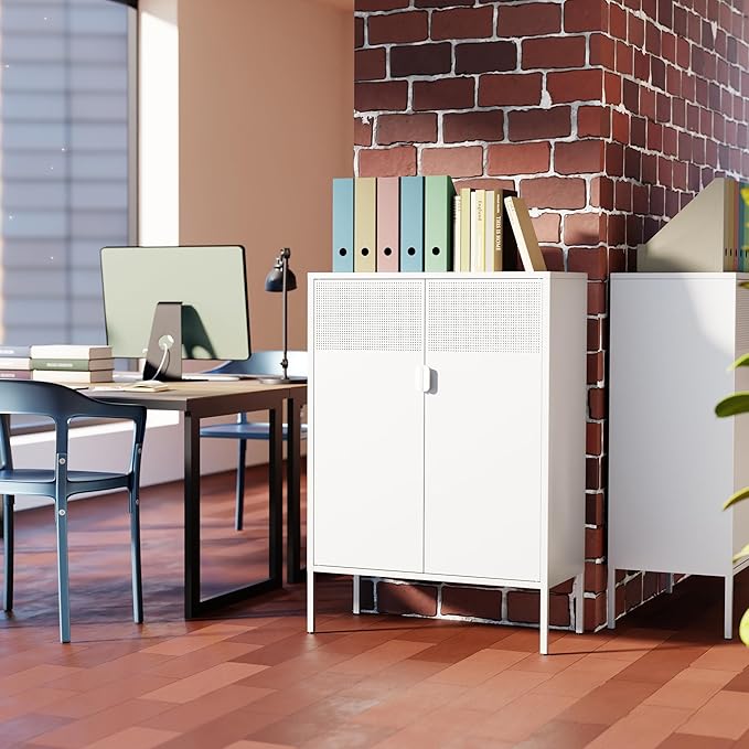 2 Mesh Door Metal Storage Cabinet with Adjustable Shelves, Multipurpose White Storage Cabinet, 3-Tier Office Cabinet,Metal Storage Cabinet for Office Home,Hallway (White, 47''H)