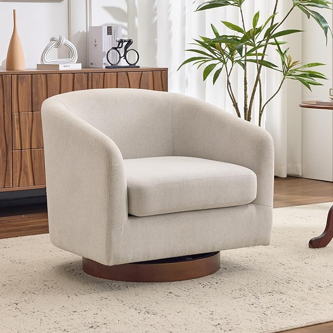 AEDI Swivel Accent Chair with Solid Wood Base, Upholstered Barrel Armchair for Living Room, Modern Small Club Chair,Beige