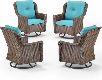 Patio Chairs Outdoor Swivel Glider - Set of 4 High Back Outside Brown Wicker Rattan Rocking Chair with Thick Cushion for Porch Apartment Deck Yard Poolside Garden - Turqoise
