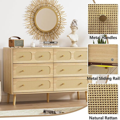 SINROM® Rattan Dresser for Bedroom, Modern 6 Drawer Dresser with Gold Handles, Wood Storage Chest of Drawers for Bedroom, Living Room, Hallway and Entryway, Natural