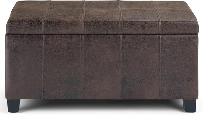 SIMPLIHOME Dover 36 inch Wide Contemporary Rectangle Storage Ottoman Bench in Distressed Brown Vegan Faux Leather, Assembled, for the Living Room, Entryway and Family Room
