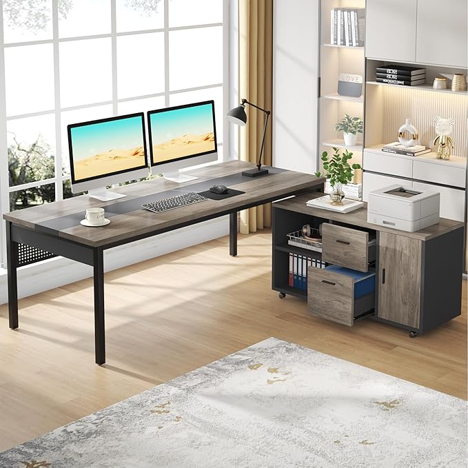 Tribesigns 71 inch Executive Desk, L Shaped Desk with Mobile File Cabinet, Executive Office Table with 2 Drawers and Storage Shelves, Business Furniture Workstation for Home Office, Grey and Black