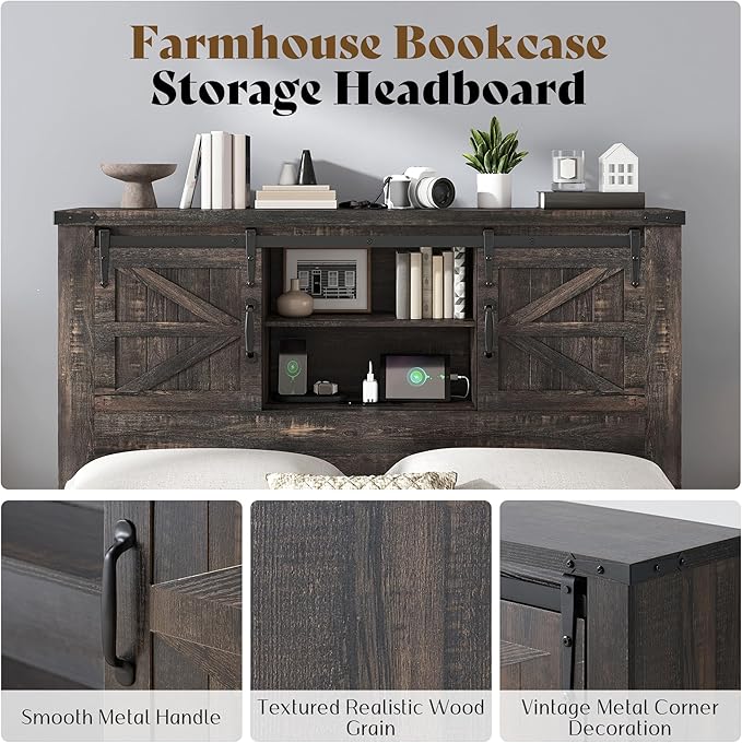 AMERLIFE Farmhouse Queen Bed Frame, Rustic Wood Platform Beds w/Barn Door Storage Bookcase Headboard & Charging Station, Bedroom Furniture, No Box Spring Needed, Dark Oak