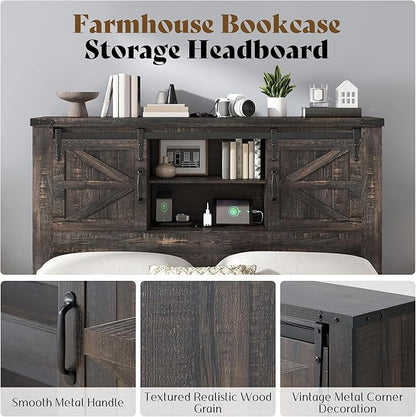AMERLIFE Farmhouse Queen Bed Frame, Rustic Wood Platform Beds w/Barn Door Storage Bookcase Headboard & Charging Station, Bedroom Furniture, No Box Spring Needed, Dark Oak