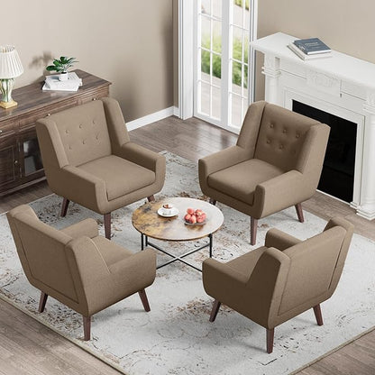HUIMO Accent Chair, Upholstered Button Tufted Armchair, Linen Fabric Sofa Chairs for Bedroom, Living Room, Mid-Century Modern Comfy Reading Chair (4, Brown)
