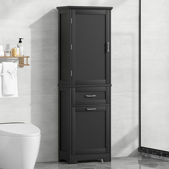 Tall Bathroom Storage Cabinet, Freestanding Storage Cabinet with 1 Door, 2 Different Size Drawers for Bathroom Living Room (Black)