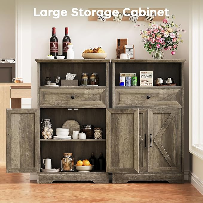 Floor Cabinet, Farmhouse Storage Cabinet with Barn Doors and Drawer, 11.81" D x 23.62" W x 39.37" H Grey Freestanding Adjustable Shelf Organizer for Bathroom, Kitchen, Living Room