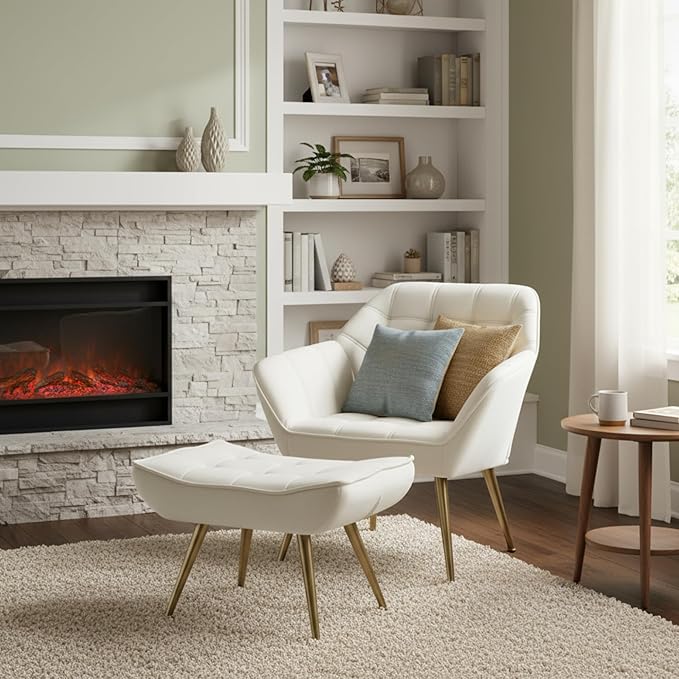 Small Accent Chair with Ottoman, Velvet Upholstered Lounge Chair with Footrest, Comfy Reading Armchair with Gold Legs for Living Room Bedroom, Beige
