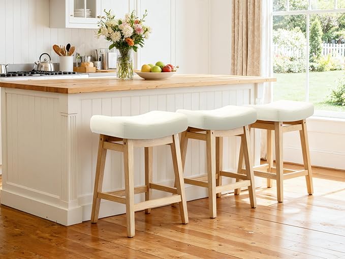 Counter Height Bar Stools Set of 2 for Kitchen Island Modern Barstools with Upholstered Faux Leather Backless Seat and Solid Wood Legs, 24 inch Farmhouse Bar Chairs, White