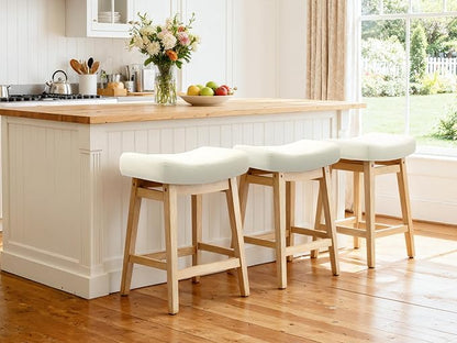 Counter Height Bar Stools Set of 2 for Kitchen Island Modern Barstools with Upholstered Faux Leather Backless Seat and Solid Wood Legs, 24 inch Farmhouse Bar Chairs, White