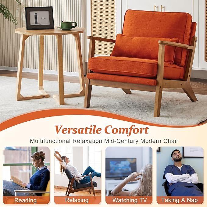 VINGLI Solid Wood Wide Armrests Accent Chair,Upholstered Mid Century Modern Chair with Pillow,Comfy Reading Chair Farmhouse Arm Chair,Chairs Living Room,Bedroom,Guest Room,Linen Fabric,Burnt Orange