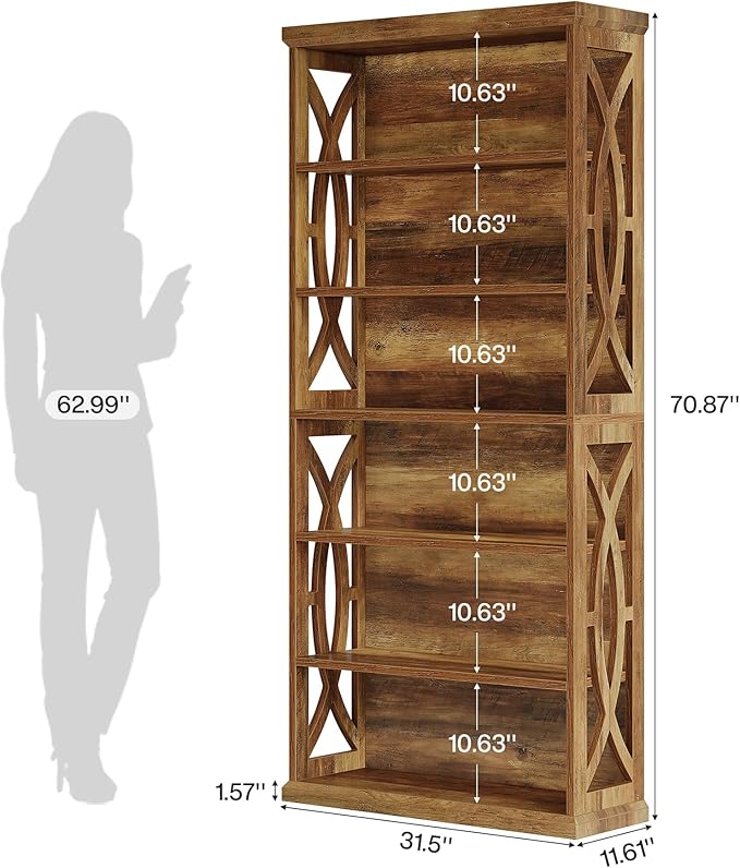 Tribesigns 6-Tier Bookshelf, 71 Inches Tall Freestanding Bookcase, Large Industrial Bookshelves Display Shelves, Wooden Book Shelf for Home Office, Living Room, Bed Room, Rustic Brown