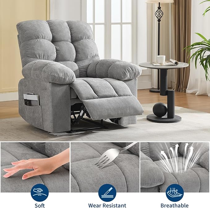 Recliner Rocking Chair with Massage and Heat, Wide Overstuffed Ergonomic Fabric Recliner with Breathable Upholstery, 2 Side Pockets & Remote Control for Living Room or Bedroom