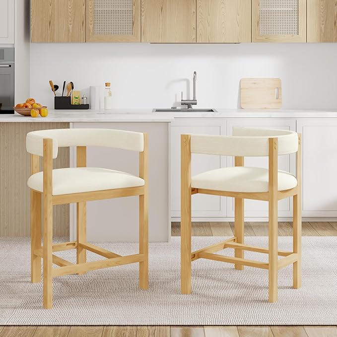 Christopher Knight Home Set of 2 Rylan Modern Fabric Upholstered Dining Room Counter Height Barstools,Kitchen Island Rubberwood Counter Stool,Armchair with Footrest+Curved Backrest,Beige+Natural