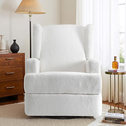 Boucle Swivel Glider Recliner Chairs Set of 2 for Adults - Plush High Back Rockers with Deep Seat, Coordinating Manual Recliners for Living Room, Luxury Upholstered Armchairs-White