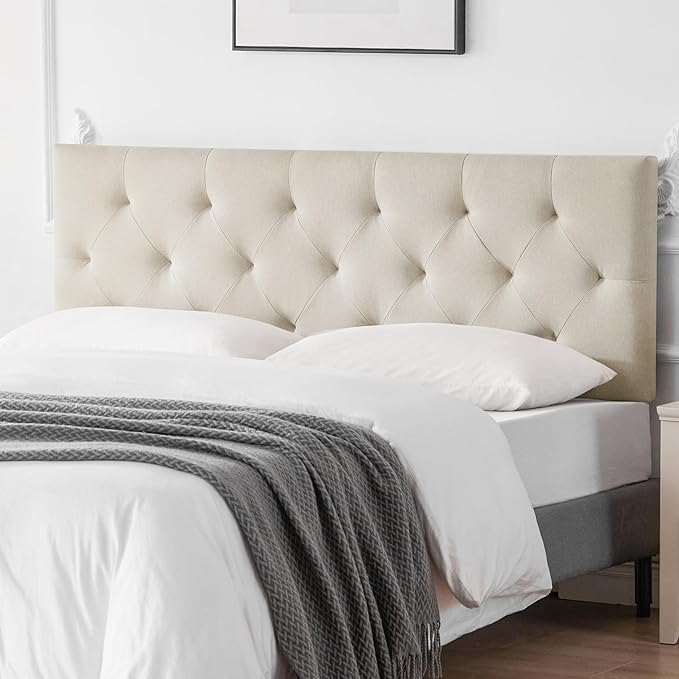 Linen Upholstered Headboard Twin Size, Diamond Tufting Solid Wood Twin XL Headboard Only, Adjustable Height from 37” to 51” Head Board, Dorm Bed Frame or Wall Mount Headboards, Beige