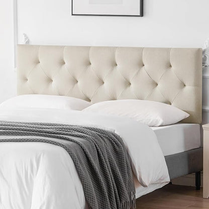 Linen Upholstered Headboard King Size, Modern Diamond Tufting Solid Wood California King Headboard Only, Adjustable Height from 37” to 51” Head Board, Bed Frame or Wall Mount Headboards, Beige