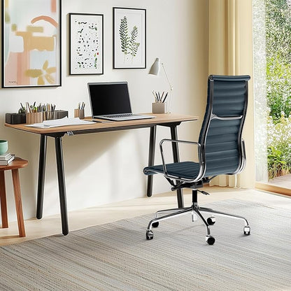 Ribbed Office Chair with Top Grain Leather - High Back Ergonomic Desk Chair with Aluminum Arm Rest and 5-Star Base, Swivel Chair Dark Blue