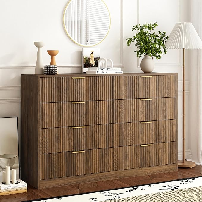 3-Piece Modern Bedroom Furniture Set, Wide 8-Drawer Dresser & 1-Drawer Nightstands Set of 2, Natural Wood Dresser and Nightstand Sets for Bedroom, Hallway, Walnut