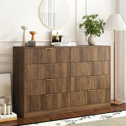 3-Piece Modern Bedroom Furniture Set, Wide 8-Drawer Dresser & 1-Drawer Nightstands Set of 2, Natural Wood Dresser and Nightstand Sets for Bedroom, Hallway, Walnut