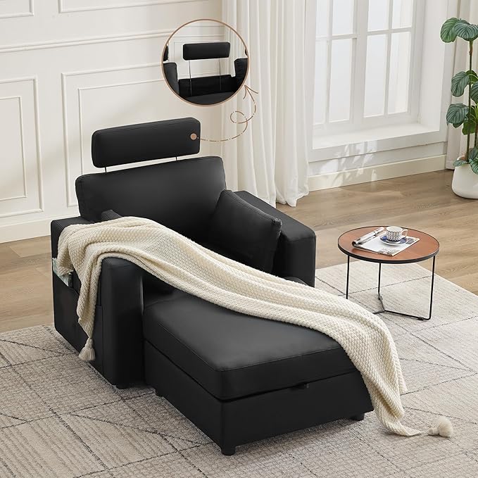 41.1" Accent Storage Sofa Chair with Ottoman, Faux Leather Living Room Chaise Lounge Chair with Headrest & Side Pockets, Modern Upholstered Comfy Arm Chairs, Sleeper Sofa, Reading Club Chairs, Black