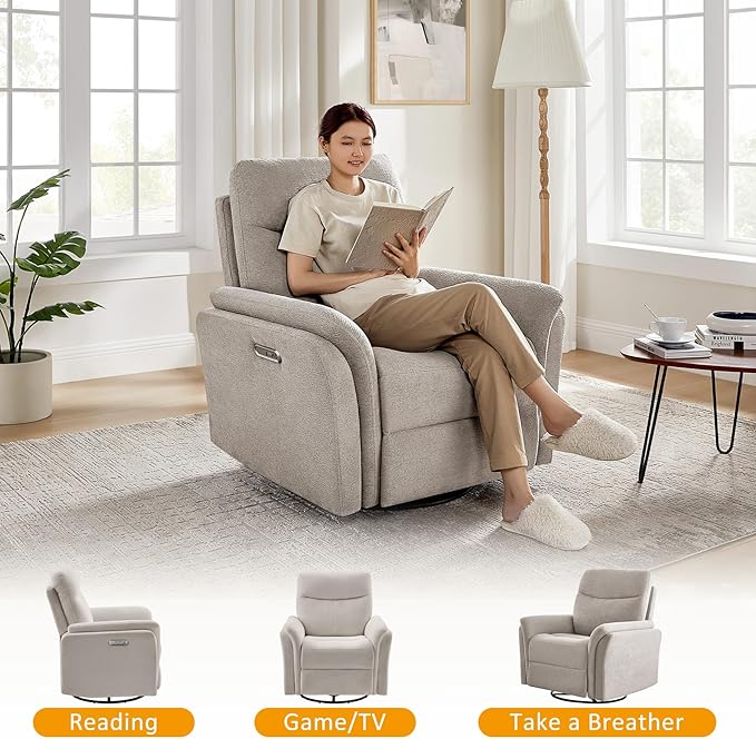 VANOMi Power Recliner Chair Swivel Glider, Electric Rocking Recliner Chairs with USB and Type-C Ports, Nursery Chair Recliner for Living Room, Bedroom, Apartment（Camel）