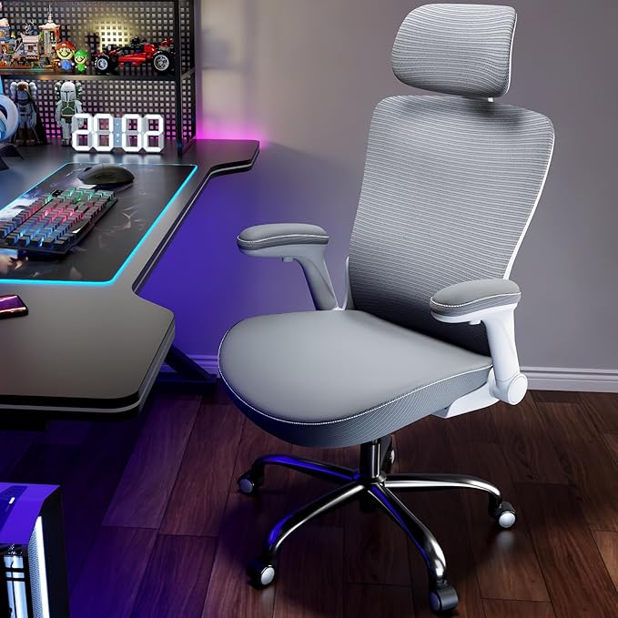 Ergonomic Office Chair-Computer X-Shaped Chair Mesh PU Leather with Adjustable Lumbar Support-Executive Desk Chair High Back with Headrest Flip-Up Arms for Long Hours (White-Grey)