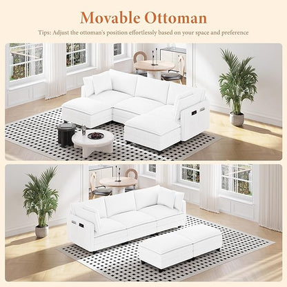 Vesgantti 109" U Shaped Cloud Sectional Sofa, Comfy Corduroy Upholstered Sectional Modular Sofas for Living Room, Modern Modular Couch with 2 Ottoman Deep Seat, Warm White