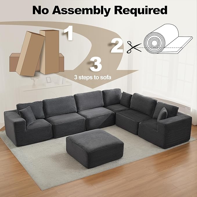 L-Shape Cloud Modular Sectional Sofa Couch,Modern Boneless Sectional Couch with Deep Seat,Upholstered Couches for Living Room Bedroom,No Assembly Required,Grey