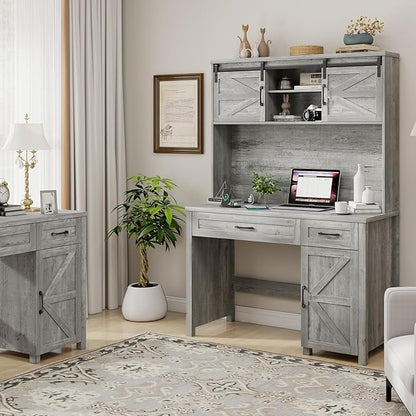 Farmhouse 47" Executive Computer Desk with 2 Drawers and Storage Cabinet, Home Office Desk with Hutch and Charging Station, Workspace for Work and Study (Grey).