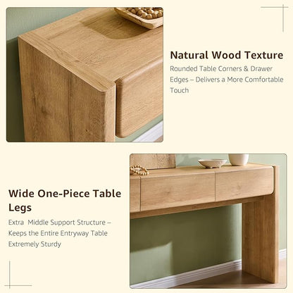OKD 63'' Console Table with 3 Drawers, Farmhouse Entryway Table with Rounded Corners, Console Table Behind Couch for Living Room/Hallway-Natural Oak