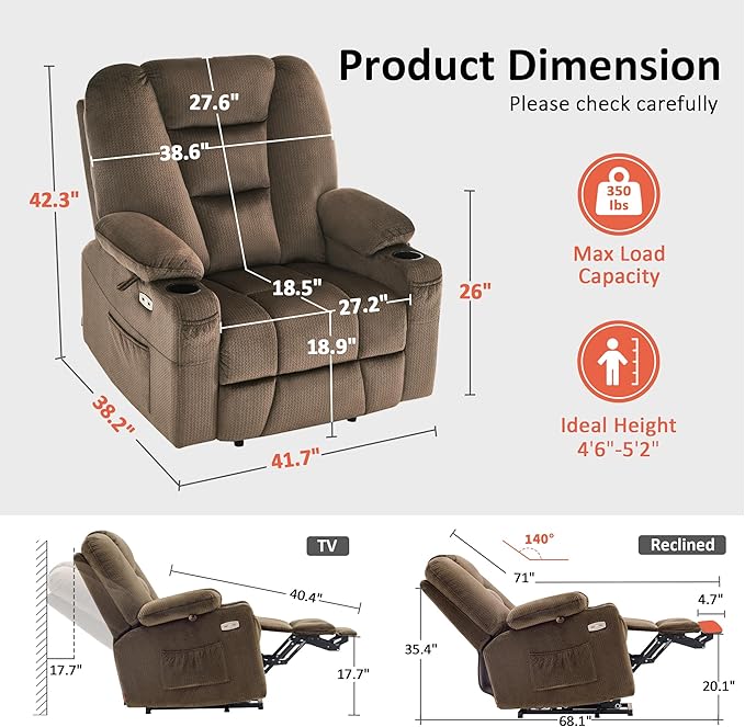 MCombo Oversized Power Lift Recliner Chair Sofa with Massage and Heat for Elderly People Petite, USB Ports, Side Pockets, Fabric R7561 (Brown, Small-Oversize)