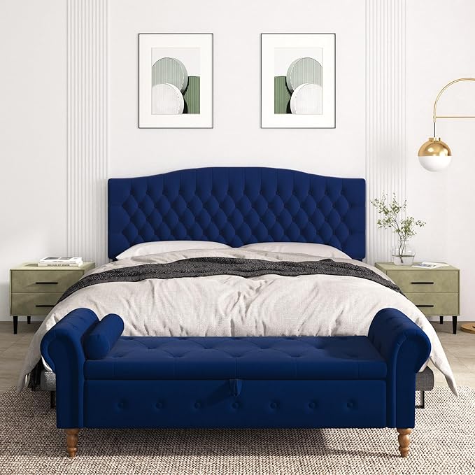 King Headboard Only, Upholstered Headboard King Size for Adjustable Bed Velvet Tufted Wall Mounted Head Board with Solid Wood Legs, Navy Blue