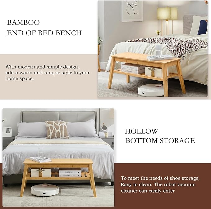 Nnewvante Bamboo Dining Bench, 33.46" Indoor Storage Bench, Small Wood Benches for Entryway, Living Room, Bedroom, Hallway, Outdoor Wooden Bench, Holds up to 300lbs