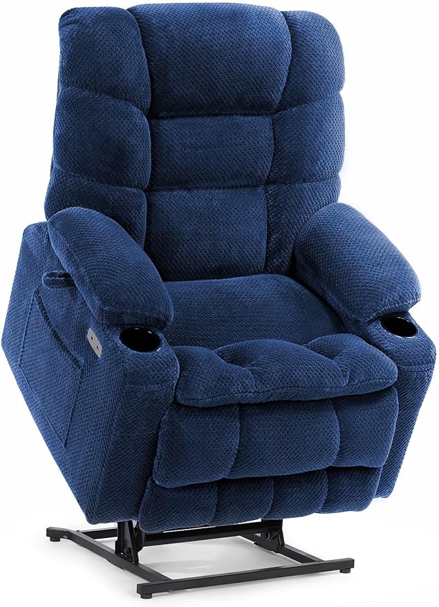 EONIX Wide Lay Flat Power Lift Recliner Chair for Elderly, Dual Motor Oversized Lift Chair with Heat and Massage and Cup Holders, 400lbs Heavy Duty Lift Recliner Sofa, Navy Blue