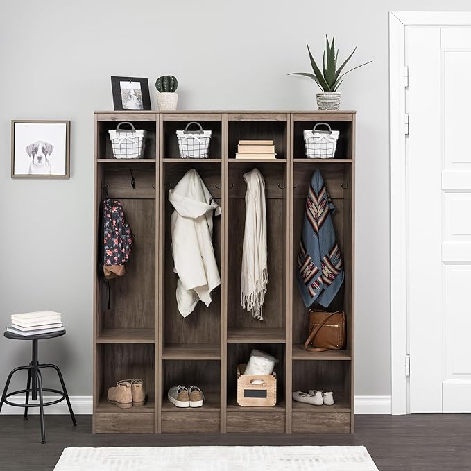 Prepac Narrow Coat Rack Freestanding Hall Tree with 3 Hooks, Entryway Furniture for Coat and Shoe Storage, Entryway Organization with an Adjustable Shelf, 14.75"W x 72.5"H x 15.5"D, Drifted Gray