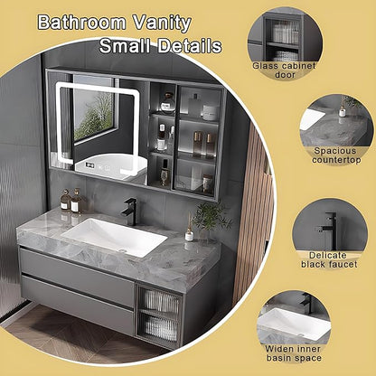 Gray 40IN Modern Bathroom Vanity - Wall-Mounted Bathroom Storage & Bathroom Vanities with Sink, Wall Mounted, Defogging & Led Lighting | Bathroom Cabinets Slim