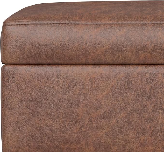 SIMPLIHOME Shiloh 26 inch Wide Transitional Contemporary Small Storage Ottoman in Distressed Saddle Brown Vegan Faux Leather, Assembled, for The Living Room, Entryway and Family Room