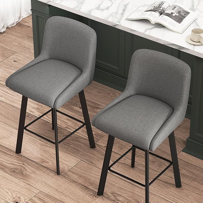 Swivel Bar Stools Set of 4, 26''H Upholstered Barstools with Backs, Modern Counter Height Bar Stool Chairs for Kitchen Island, Metal Legs, Fabric, Gray Counter Stools